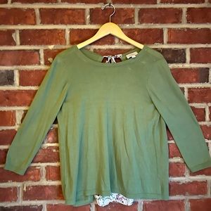 Ann Taylor Loft sage green 3/4 sleeve sweater w/ floral inset in back